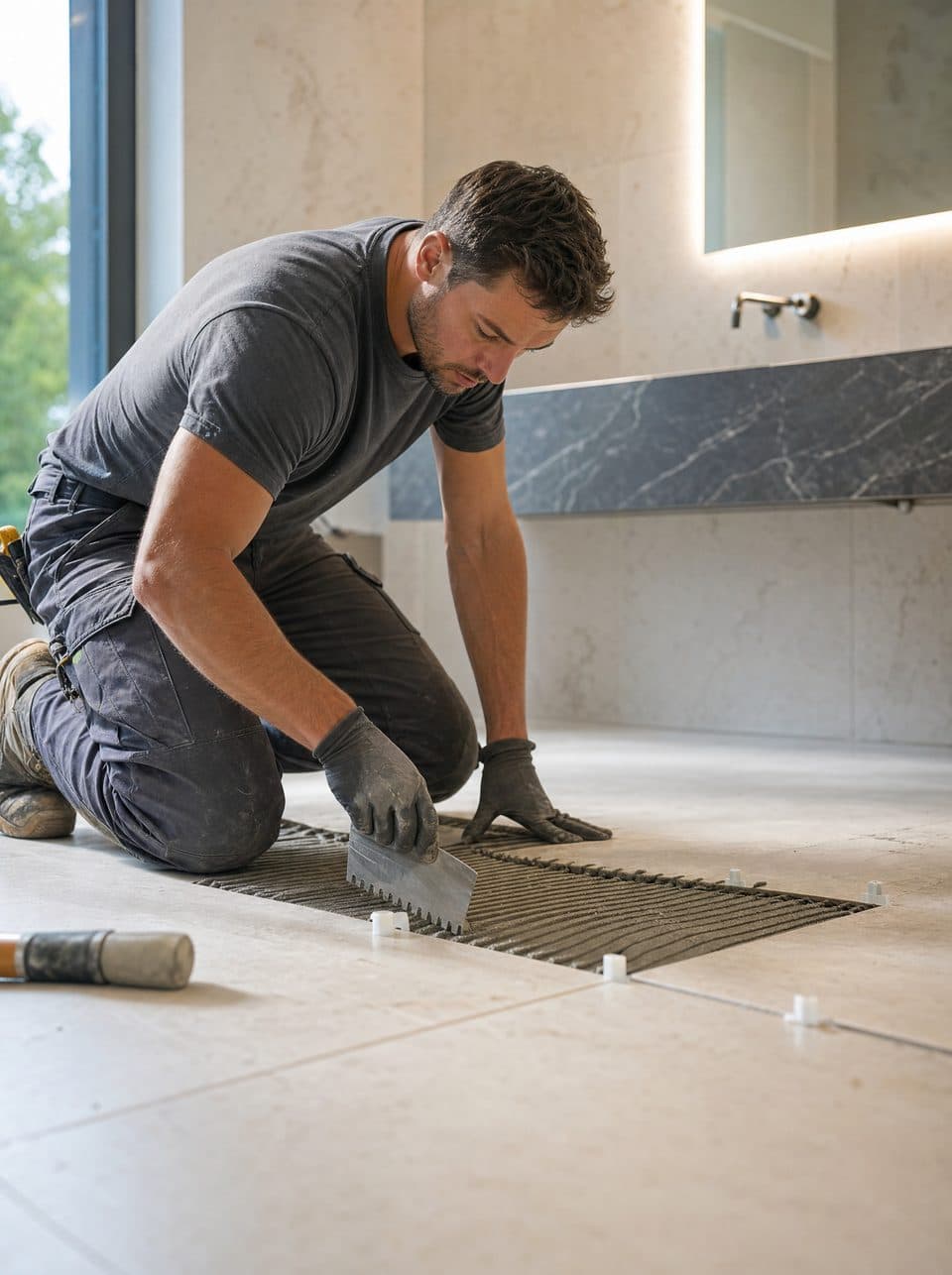 Carreleur posant un carreau grand format à la truelle dans une salle de bain moderne